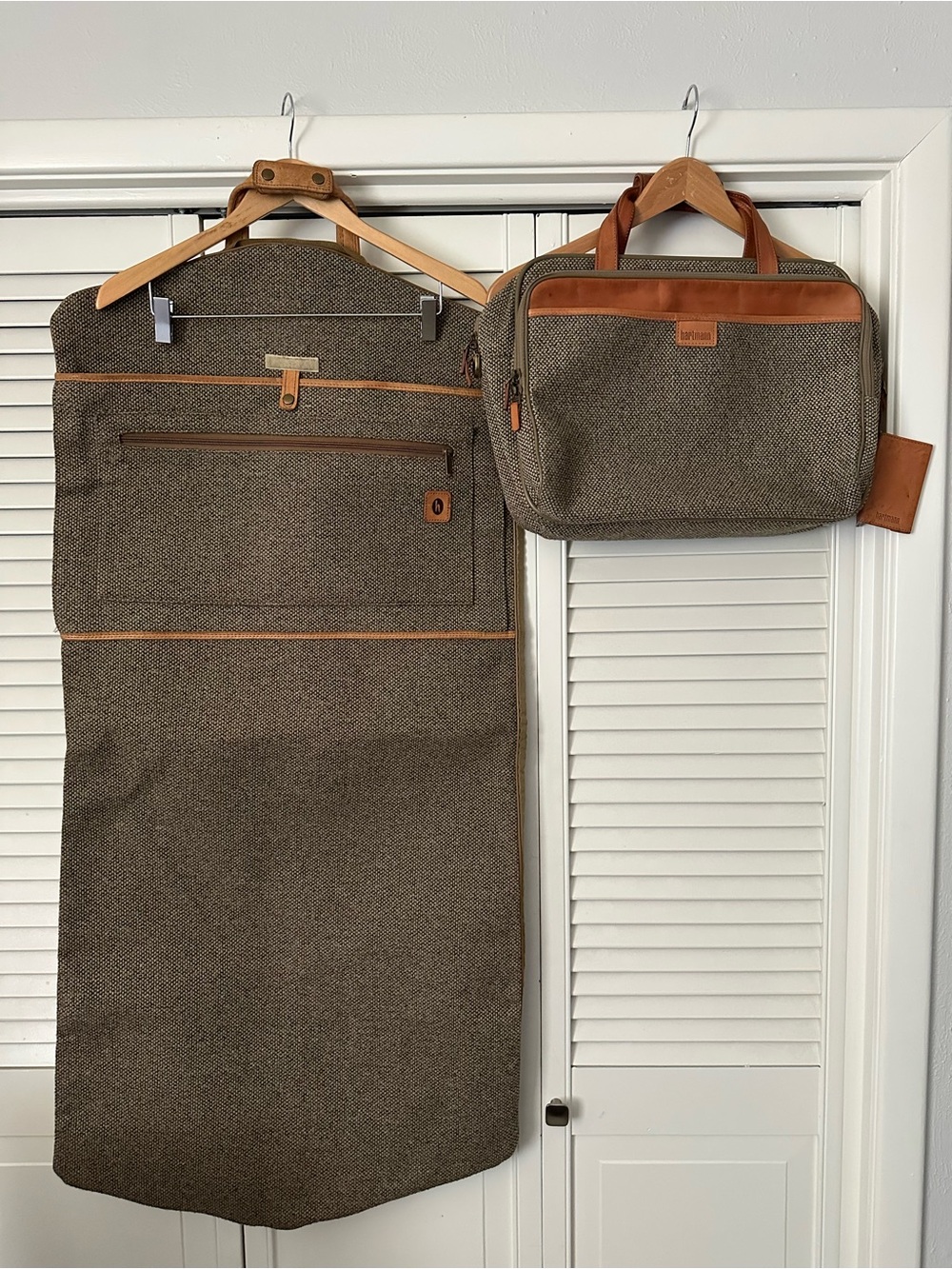 Vintage Travel Set Garment Bag & Carry Case in Brown Tweed with Leather Trim EUC
